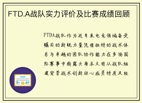 FTD.A战队实力评价及比赛成绩回顾