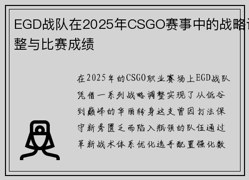 EGD战队在2025年CSGO赛事中的战略调整与比赛成绩