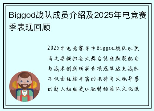 Biggod战队成员介绍及2025年电竞赛季表现回顾
