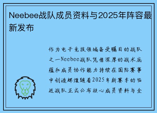 Neebee战队成员资料与2025年阵容最新发布